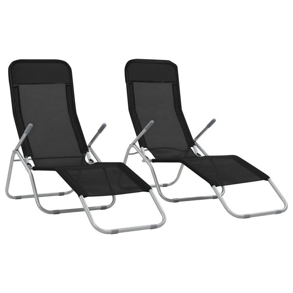 Folding Sun Chaise Lounger Set of 2 | Chrome Steel | Black Textilene