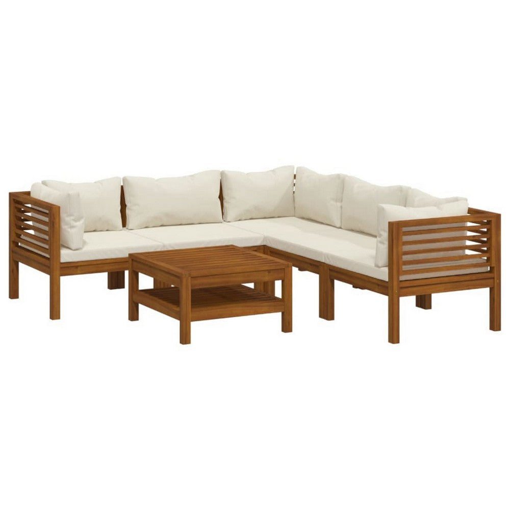 Soma 6pc Outdoor Modular Sofa Set | Ivory Fabric Cushions | Brown Wood