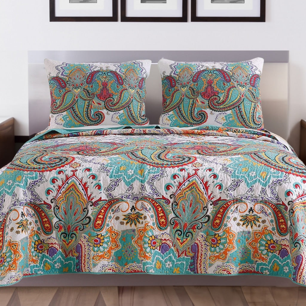 3 Piece King Size Cotton Quilt Set with Paisley Print, Teal Blue By Casagear Home