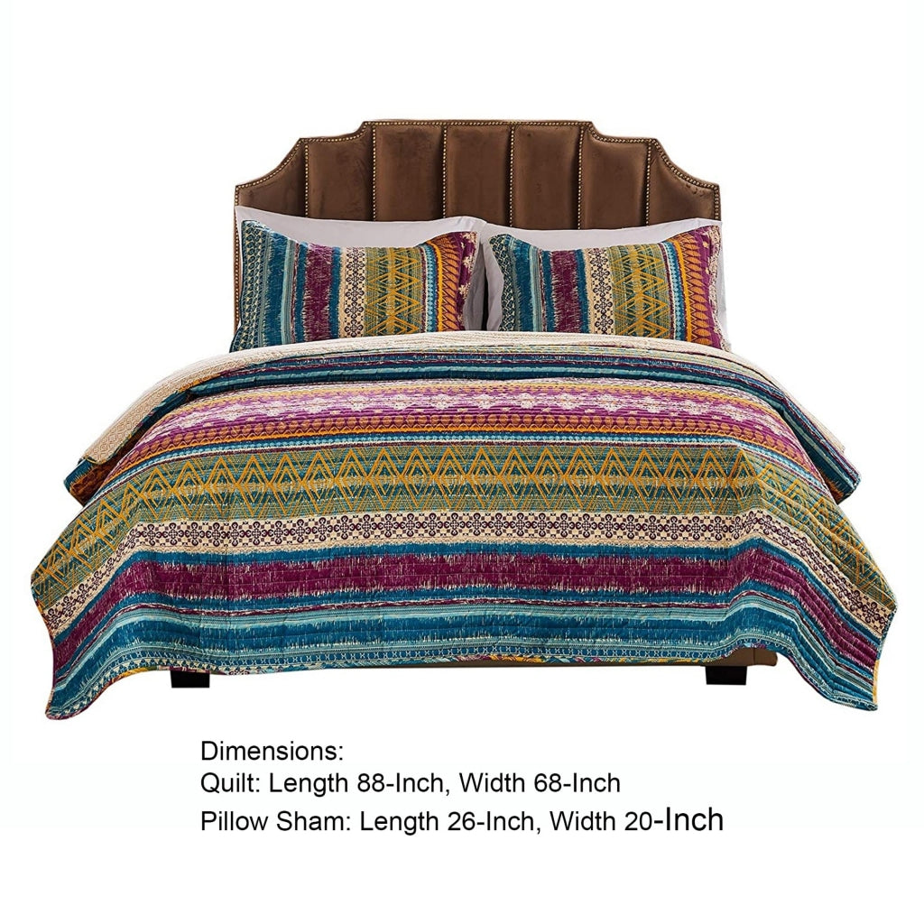 Tribal Motif Print Cotton Twin Quilt Set with 1 Pillow Sham Multicolor By Casagear Home BM42349