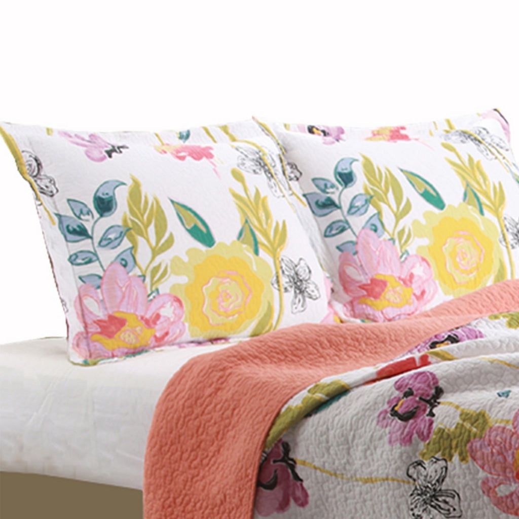 3 Piece Cotton Full Size Quilt Set with Stencil Flower Print Multicolor By Casagear Home BM42363