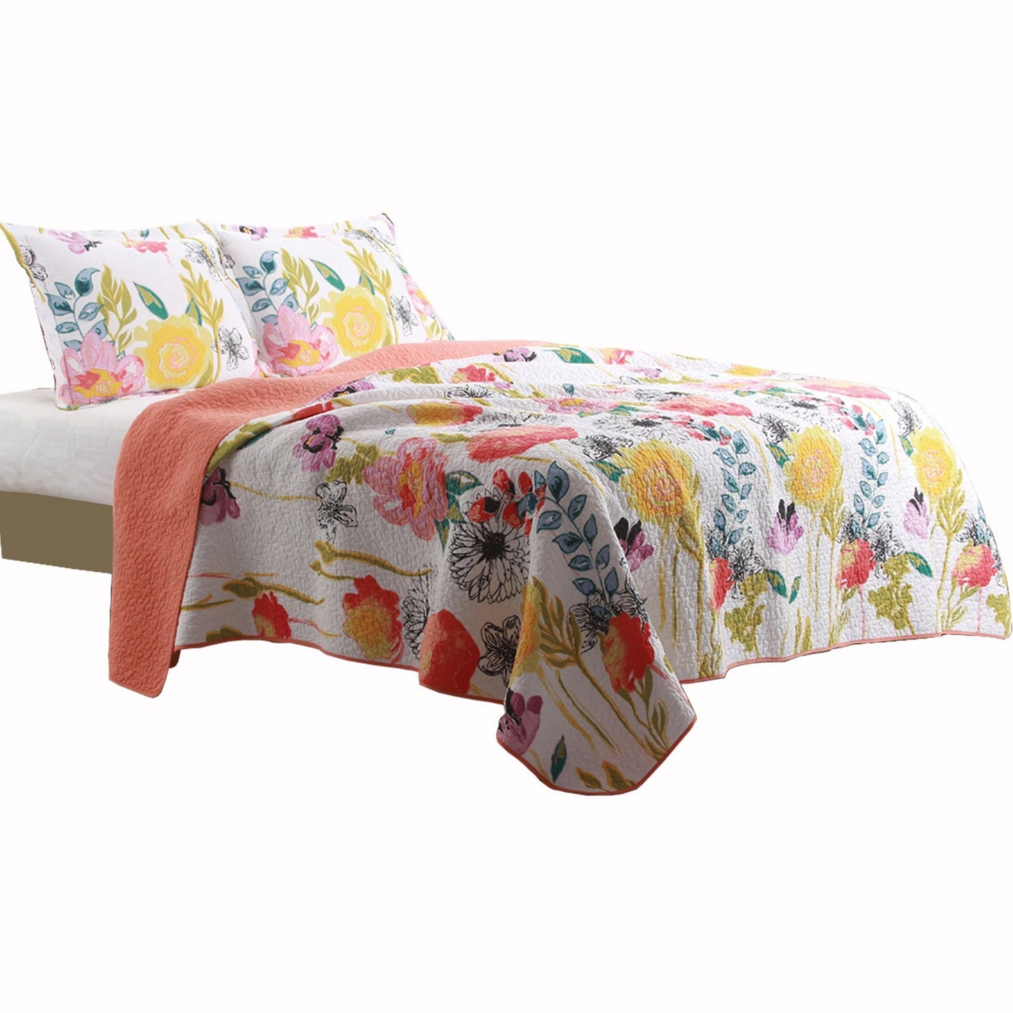 3 Piece Cotton Full Size Quilt Set with Stencil Flower Print Multicolor By Casagear Home BM42363