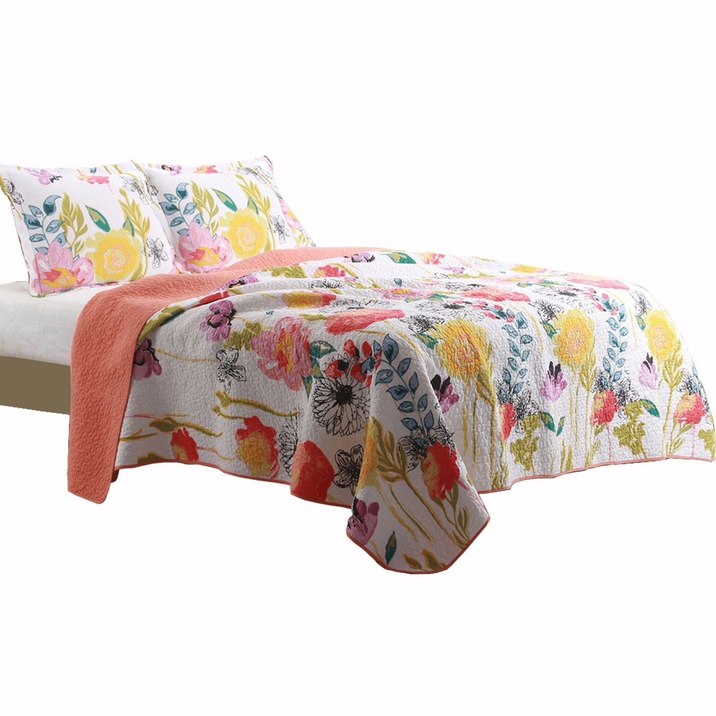 3 Piece Cotton King Size Quilt Set with Stencil Flower Print Multicolor By Casagear Home BM42364