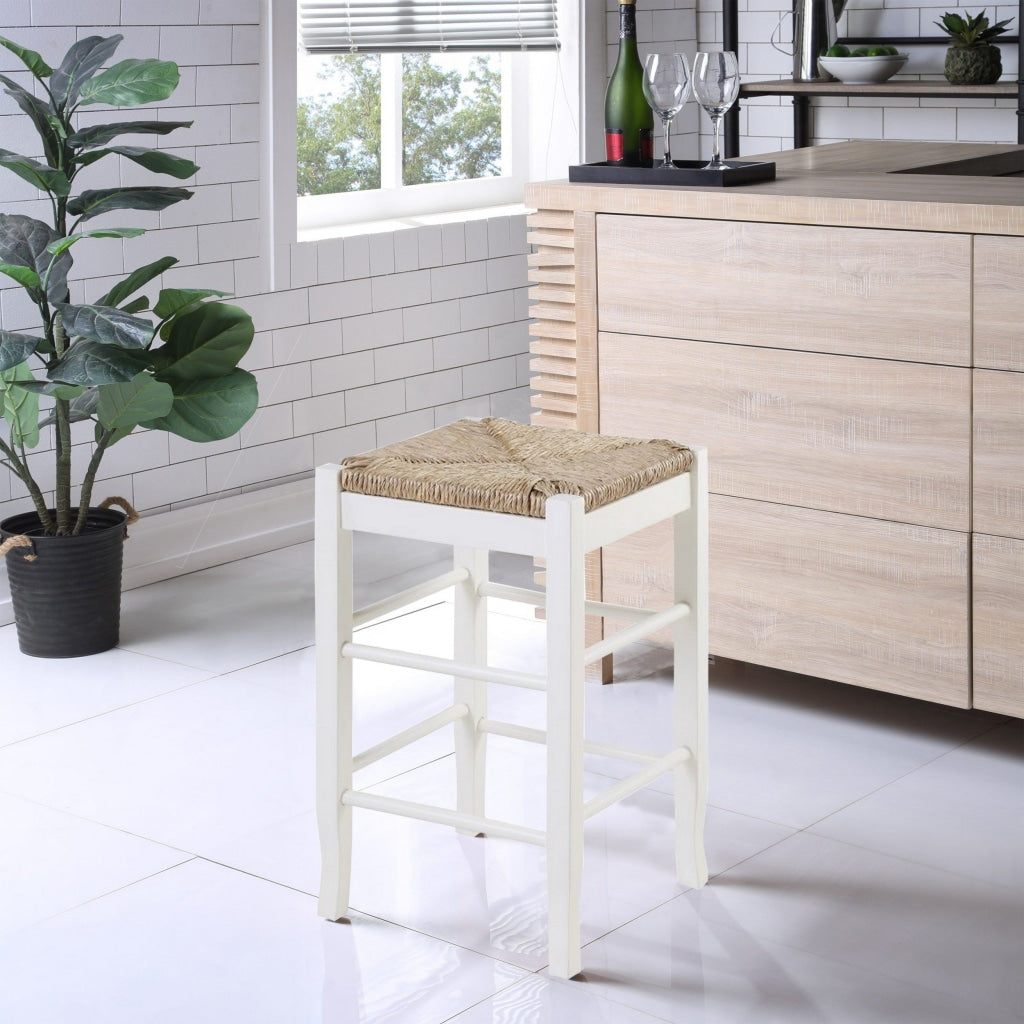 Square Wooden Frame Counter Stool with Hand Woven Rush, White and Brown By Casagear Home