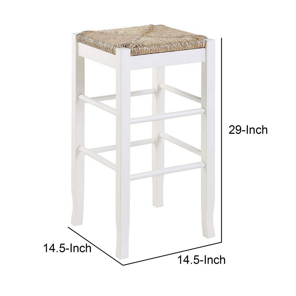 Square Wooden Frame Barstool with Hand Woven Rush White and Brown By Casagear Home BM61434