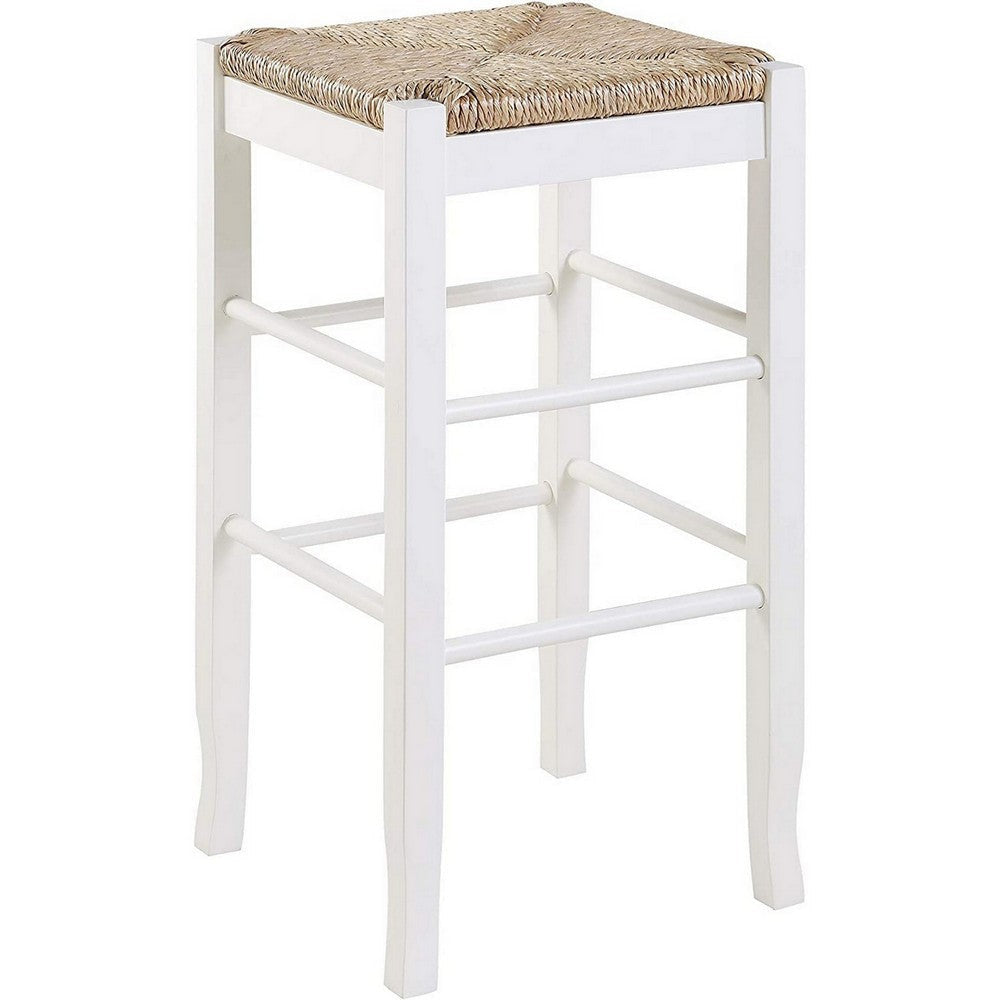 Square Wooden Frame Barstool with Hand Woven Rush White and Brown By Casagear Home BM61434