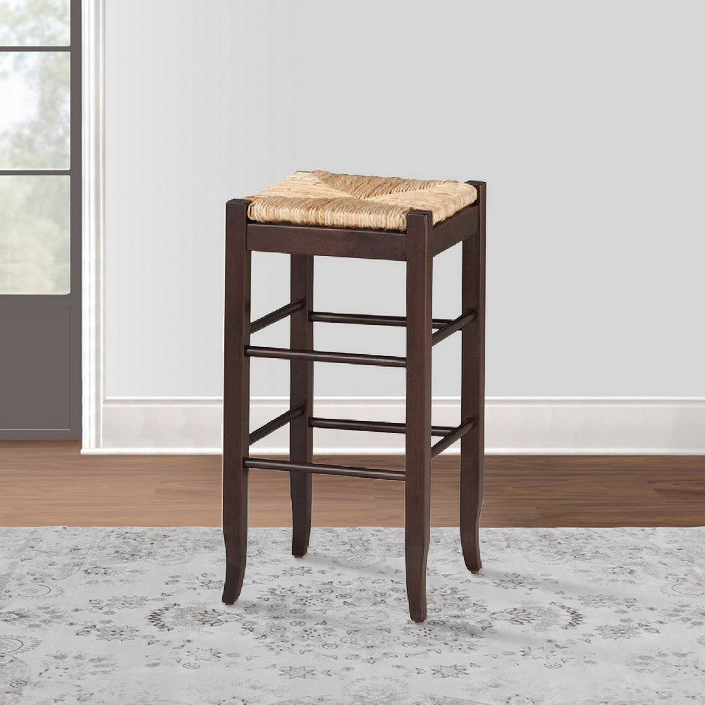 Rush Woven Wooden Frame Barstool with Saber Legs Beige and Dark Brown by Casagear Home BM61436