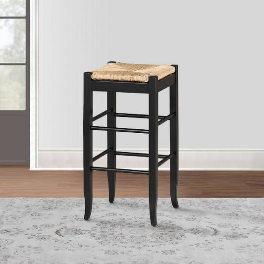 Rush Woven Wooden Frame Barstool with Saber Legs Beige and Black by Casagear Home BM61438