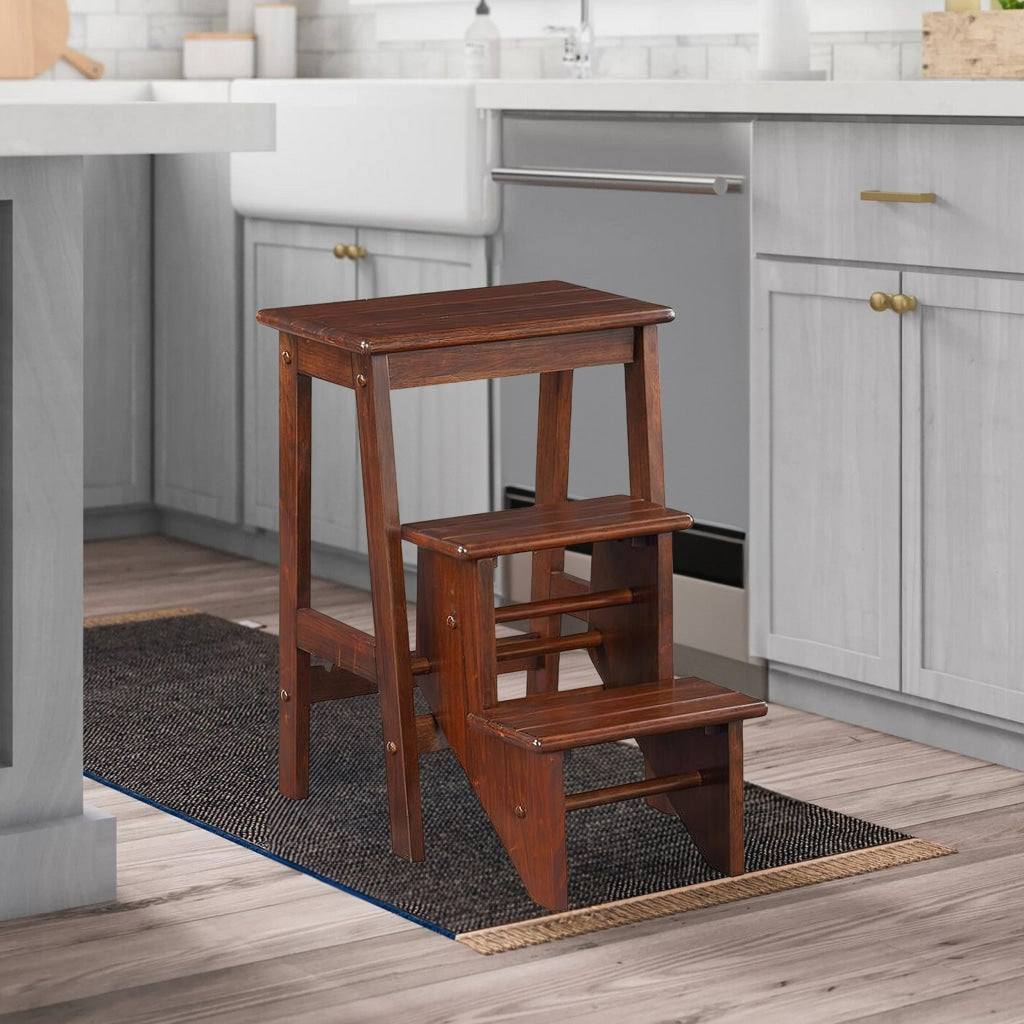 Brown, Wooden Frame Stool with Safety Latch,3 Steps By Casagear Home