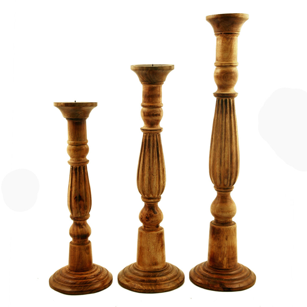 Taki Benzara Wooden Natural Finish Pillar Shaped Candleholder Set of 3 Brown By Casagear Home 14194