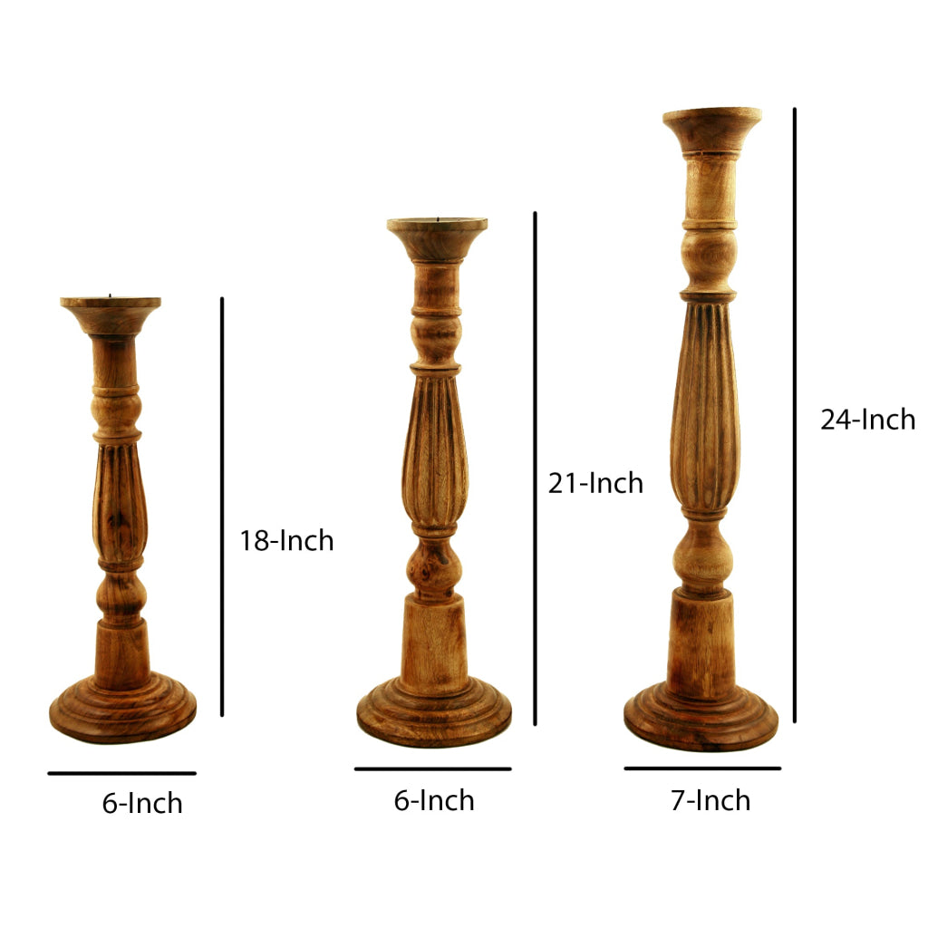 Taki Benzara Wooden Natural Finish Pillar Shaped Candleholder Set of 3 Brown By Casagear Home 14194