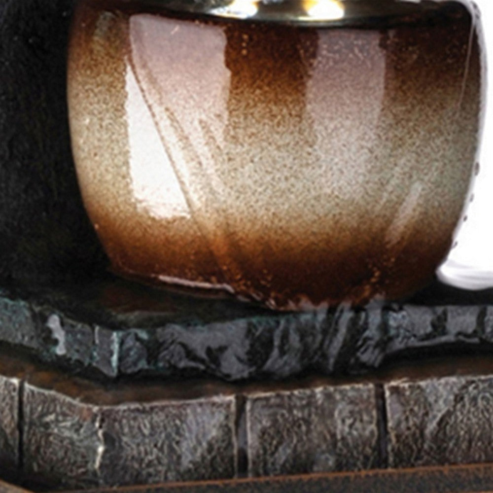 C Shaped Polyresin Frame Fountain with Tapered Base and LED Lights Brown By Casagear Home BM95352