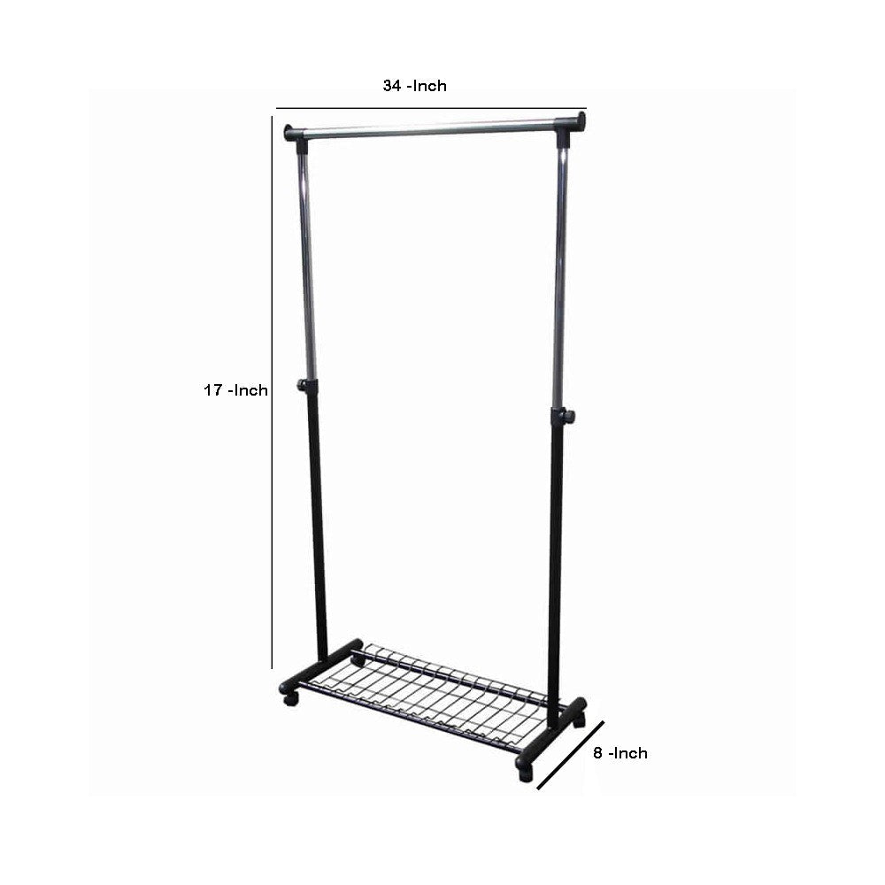 Metal Coat Hanger Rack with Bottom Wired Shelf Black and Silver By Casagear Home BM96060