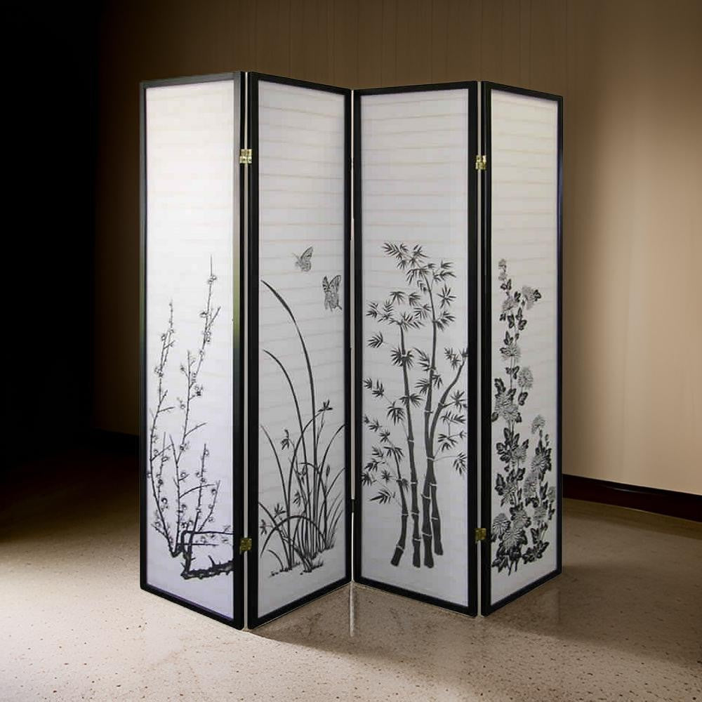 Naturistic Print Wood and Paper 4 Panel Room Divider, White and Black by Casagear Home