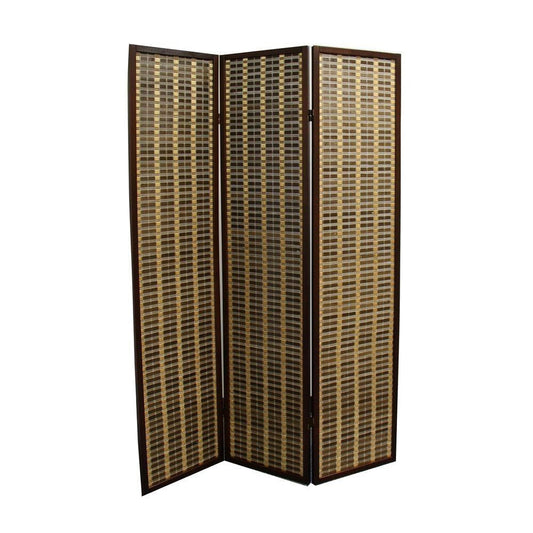 Bamboo and Wood Two Tone 3 Panel Room Divider, Dark Brown By Casagear Home