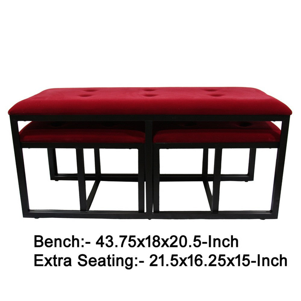 Tufted Leatherette Metal Bench with 2 Extra Seating Red and Black By Casagear Home BM96213