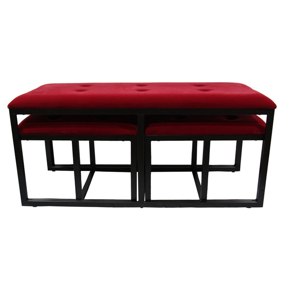 Tufted Leatherette Metal Bench with 2 Extra Seating, Red and Black By Casagear Home