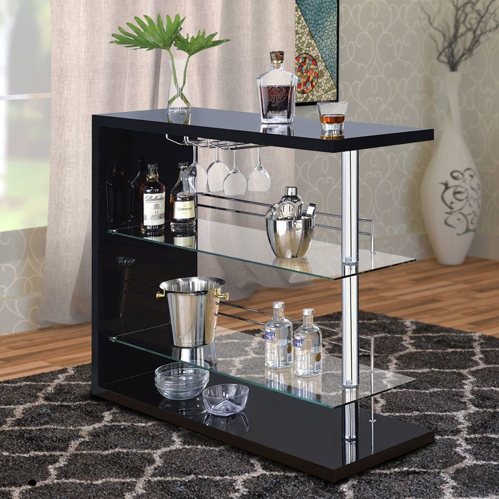 Enticing Rectangular Bar Unit With 2 Shelves And Wine Holder, Black