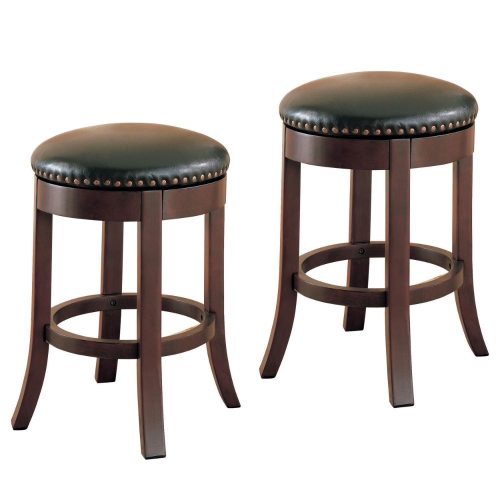 Round Wooden Counter Height Stool with Upholstered Seat Brown Set of 2 CCA-101059