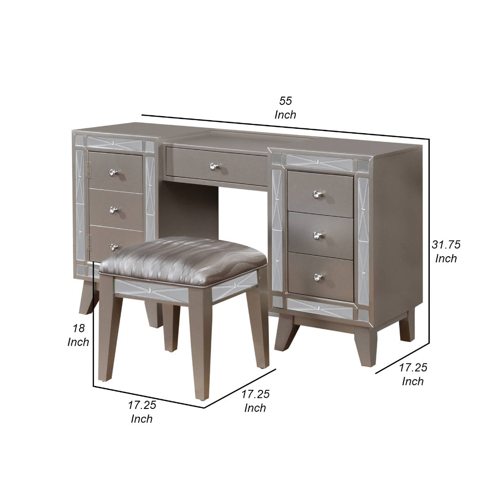 Wooden Set of Vanity and Stool with Mirrored Accents Mercury Silver CCA-204927