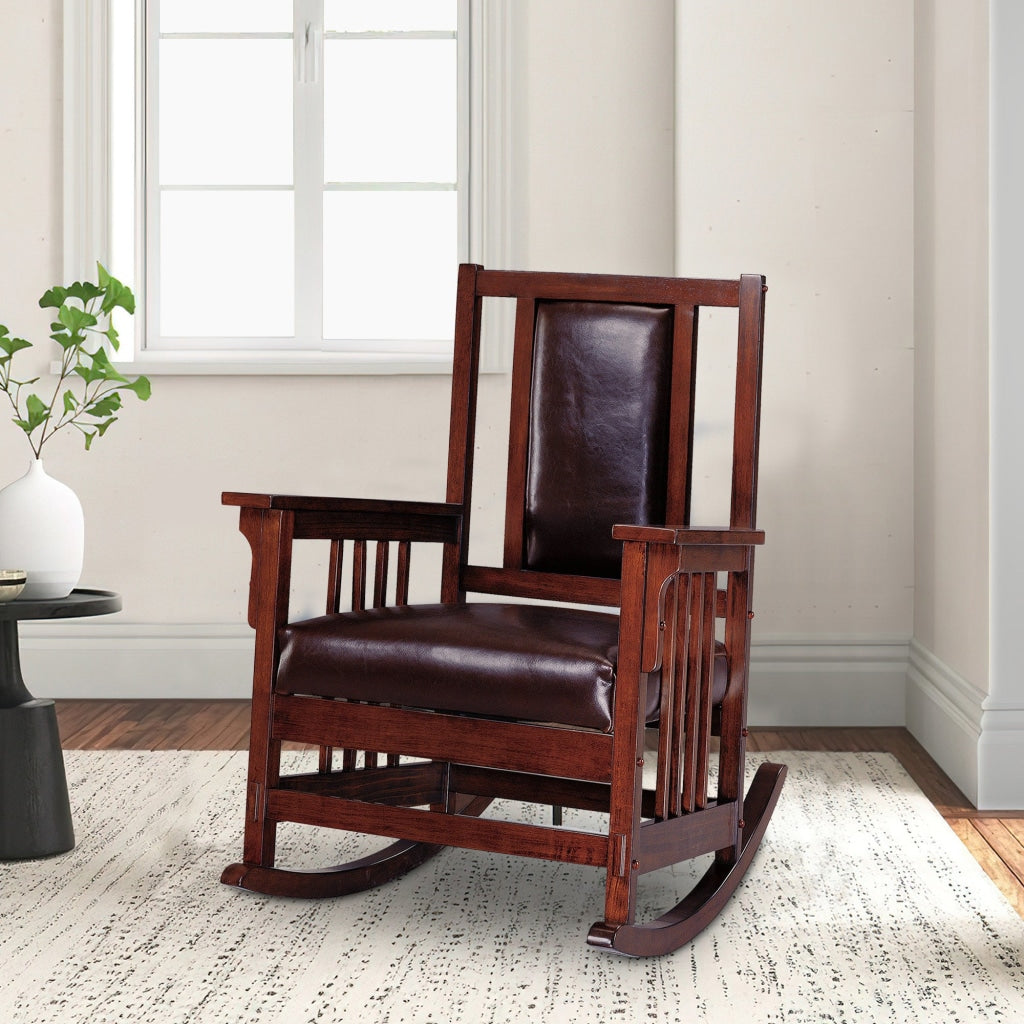 Mission Style Rocking Chair, Leather Upholstered Seat & Back, Tobacco and Dark Brown