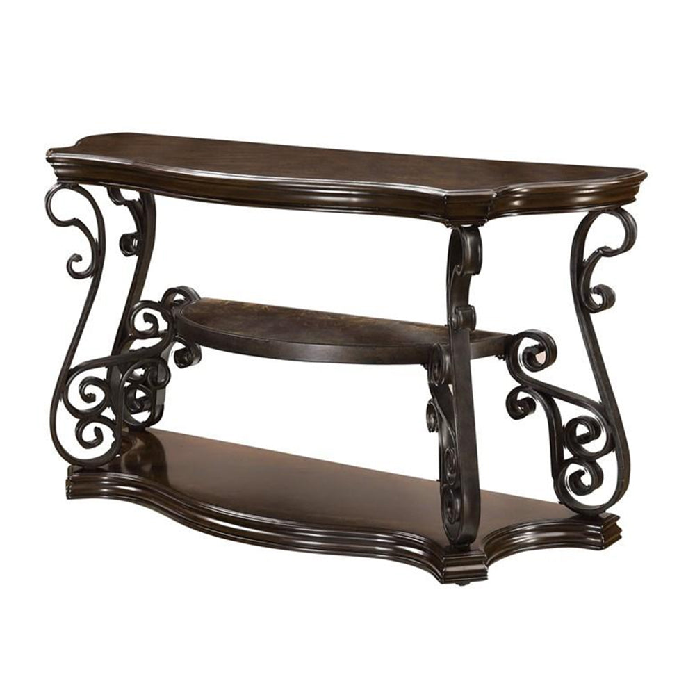 Traditional Solid Sofa Table Metal Scrolls & 2 Shelves Brown - 702449 CCA-702449