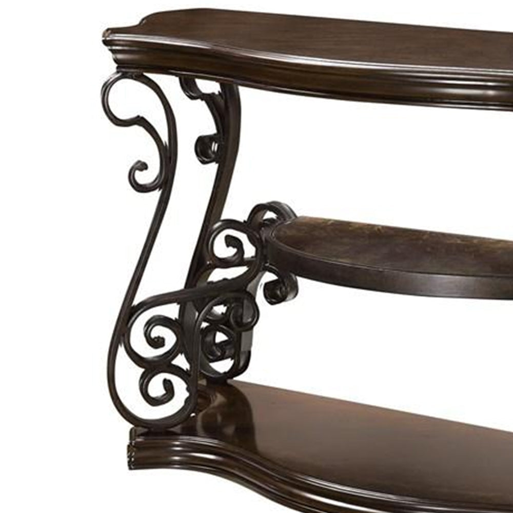 Traditional Solid Sofa Table Metal Scrolls & 2 Shelves Brown - 702449 CCA-702449