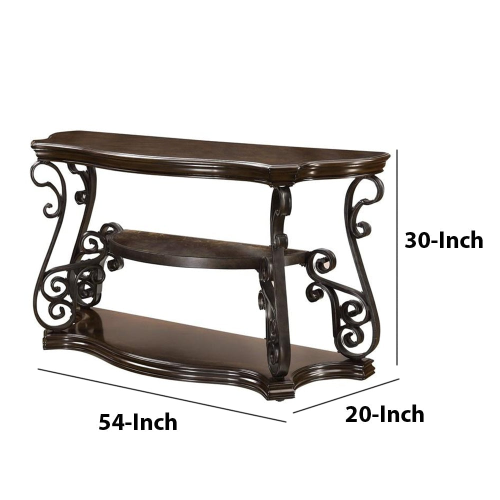 Traditional Solid Sofa Table Metal Scrolls & 2 Shelves Brown - 702449 CCA-702449