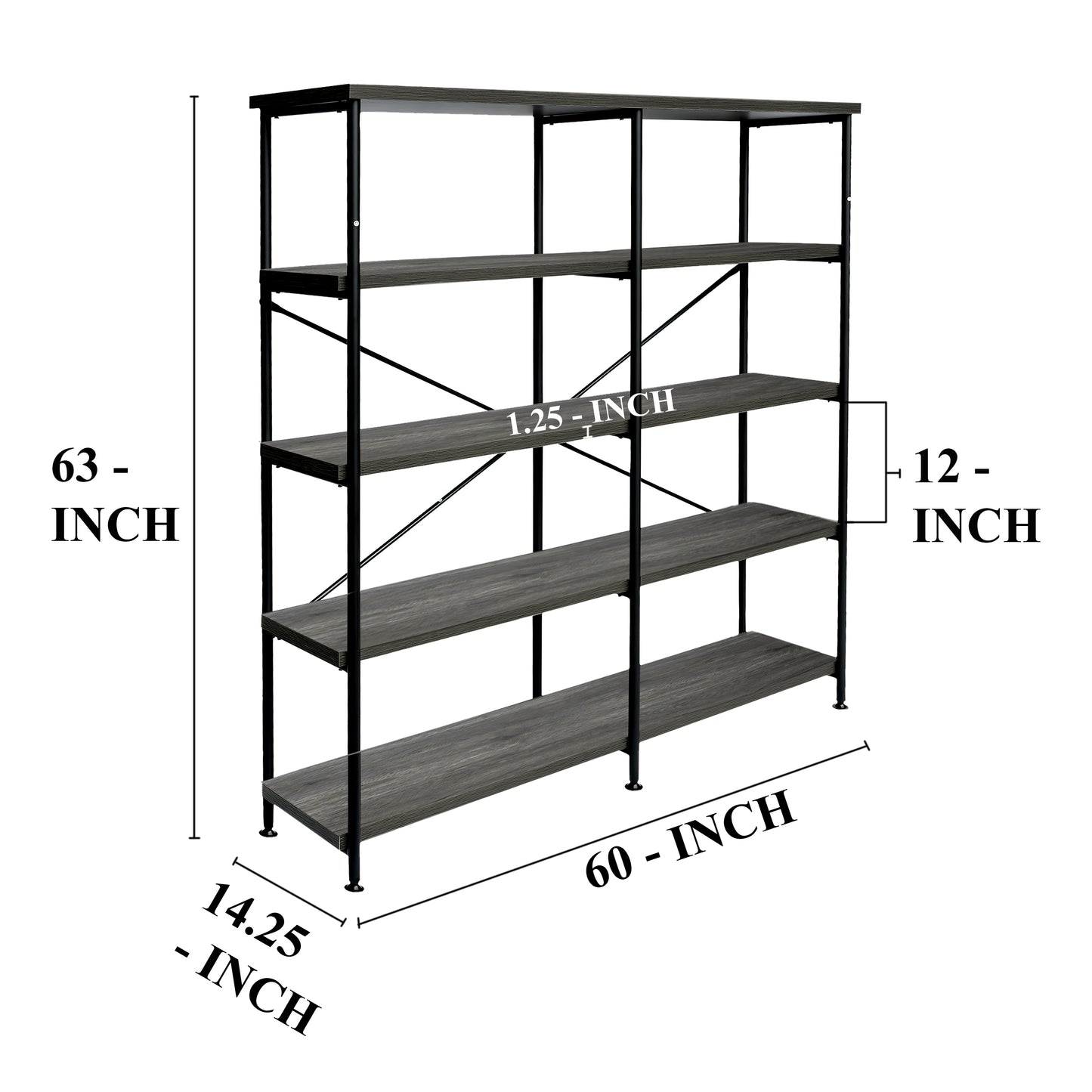 Olga 63 Inch Industrial 4 Tier Bookshelf Particleboard Metal Frame Gray Black - BM159421 BM159421