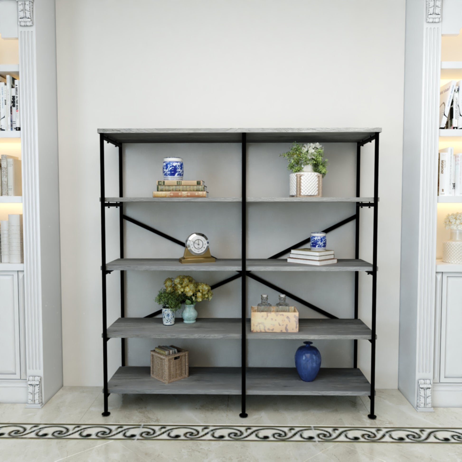 Olga 63 Inch Industrial 4 Tier Bookshelf Particleboard Metal Frame Gray Black - BM159421 BM159421