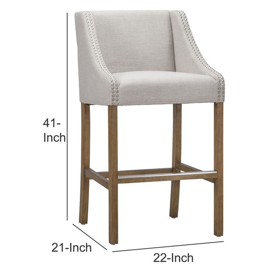 Wood and Fabric Barstool with Swooping Arms and Nail Head Trim, Set of 2, Beige and Brown By Casagear Home