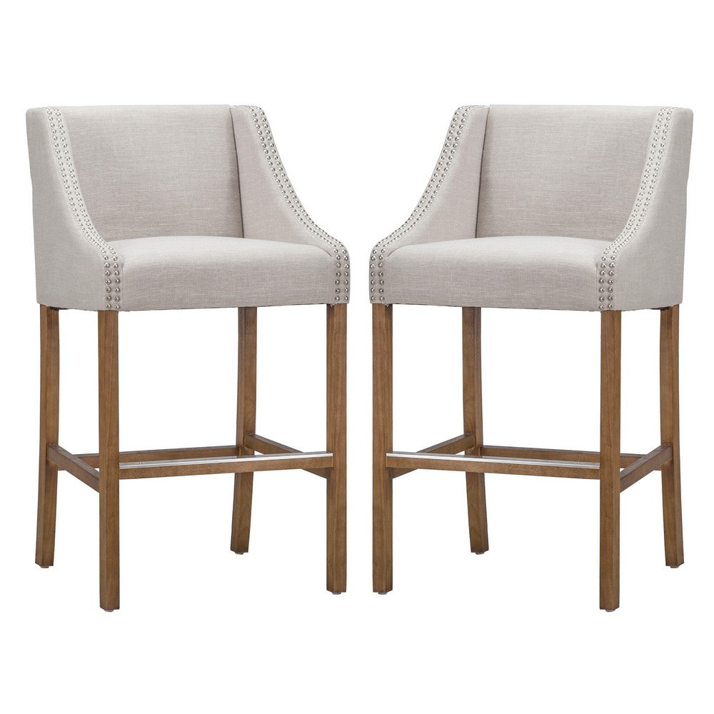 Wood and Fabric Barstool with Swooping Arms and Nail Head Trim Set of 2 Beige and Brown By Casagear Home CLH-PL10123