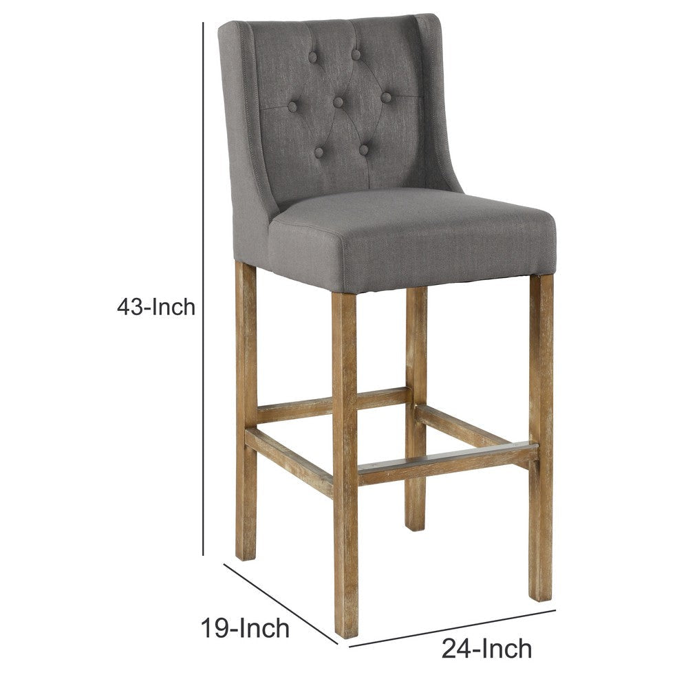 Wooden Barstool with Padded Seat Button Tufted Wing Back Set of 2 Gray and Brown By Casagear Home CLH-PL11503