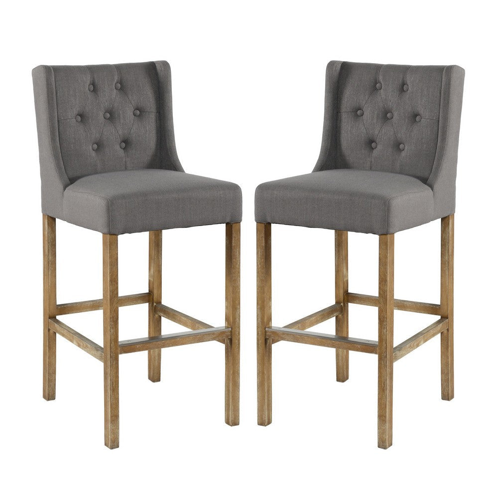 Wooden Barstool with Padded Seat Button Tufted Wing Back Set of 2 Gray and Brown By Casagear Home CLH-PL11503