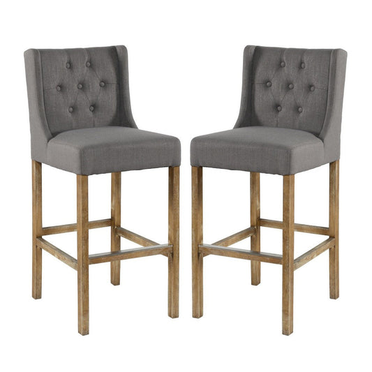 Wooden Barstool with Padded Seat Button Tufted Wing Back Set of 2 Gray and Brown By Casagear Home CLH-PL11503