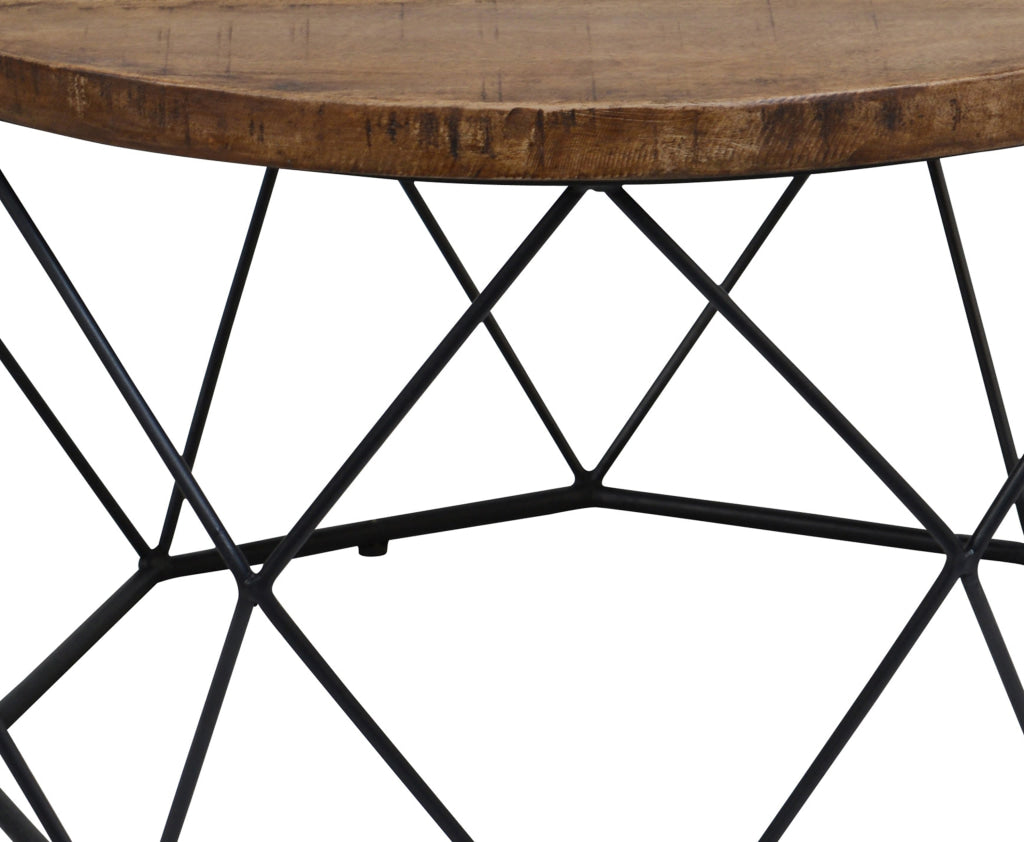 Round Wooden Coffee Table with Geometric Cutout Iron Base Black and Brown - PL11901 By Casagear Home CLH-PL11901