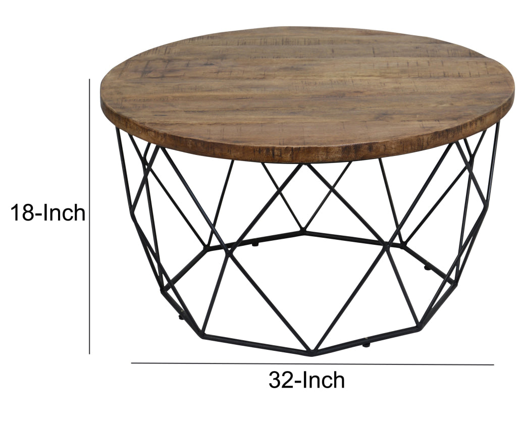 Round Wooden Coffee Table with Geometric Cutout Iron Base Black and Brown - PL11901 By Casagear Home CLH-PL11901