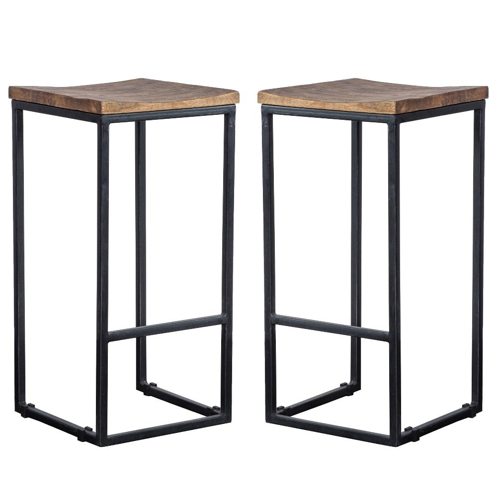 30 Inch Iron Frame Barstool with Mango Wood Saddle Seat Set of 2 Brown and Black By Casagear Home CLH-PL12903