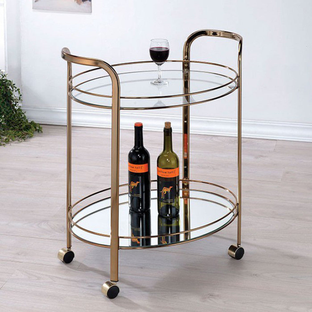 Metal Frame Serving Cart with Two Glass Shelves and Casters, Gold By Casagear Home