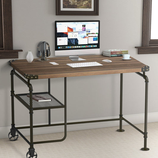 Industrial Metal Writing Desk With Wooden Top, Brown and Black - BM123648