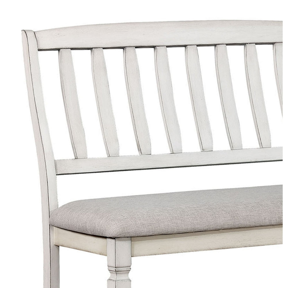 Fabric Padded Wood Counter Height Bench With Slat Back Antique White By Casagear Home FOA-CM3194PBN