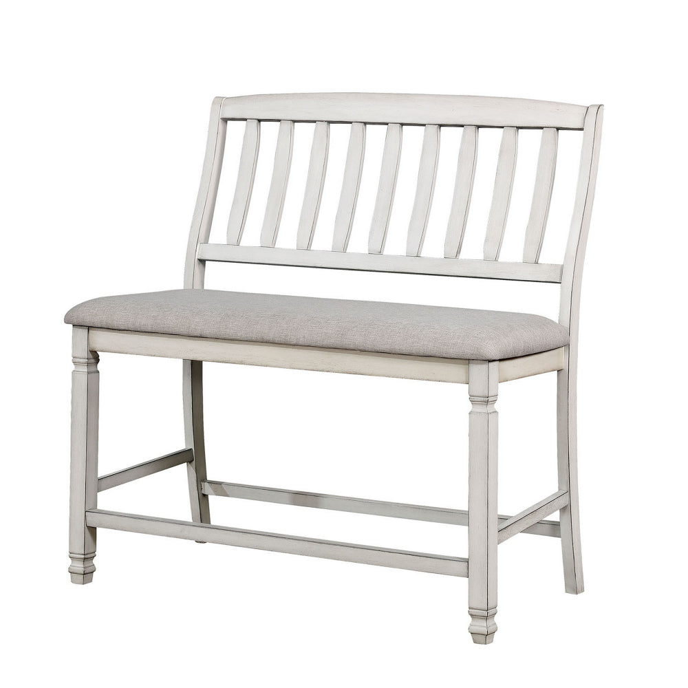 Fabric Padded Wood Counter Height Bench With Slat Back Antique White By Casagear Home FOA-CM3194PBN