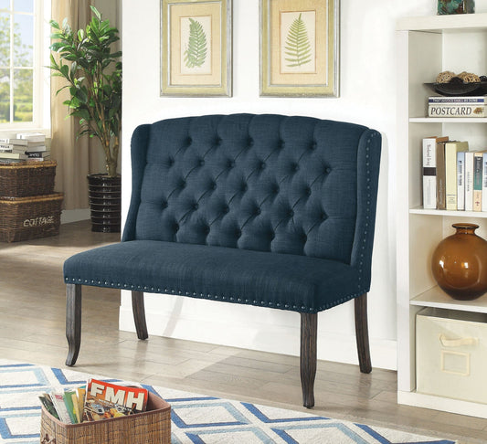 48 Inch Classic Loveseat Bench, 2 Seater, Linen, Tufted, Nailhead, Blue By Casagear Home