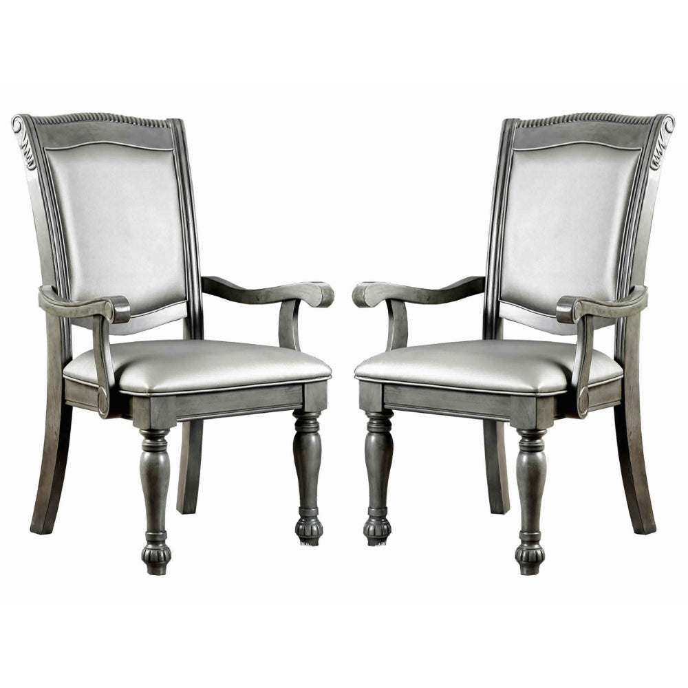 Traditional Style Wooden Arm Chair With Leatherette Cushions In Gray Set Of 2 By Casagear Home FOA-CM3350GY-AC-2PK