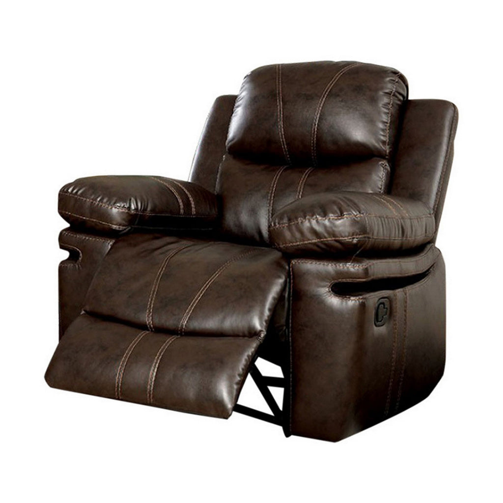 41 Inch Manual Recliner Chair Brown Bonded Leather Contrast Stitching FOA-CM6992-CH