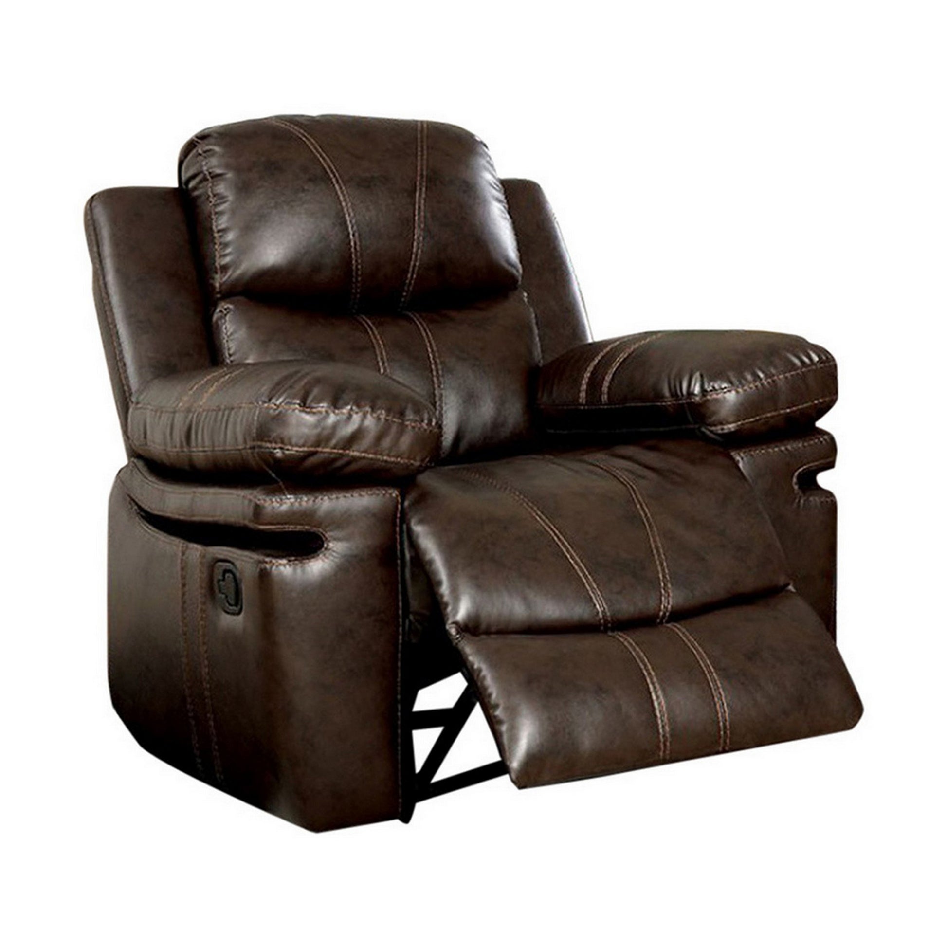 41 Inch Manual Recliner Chair Brown Bonded Leather Contrast Stitching FOA-CM6992-CH