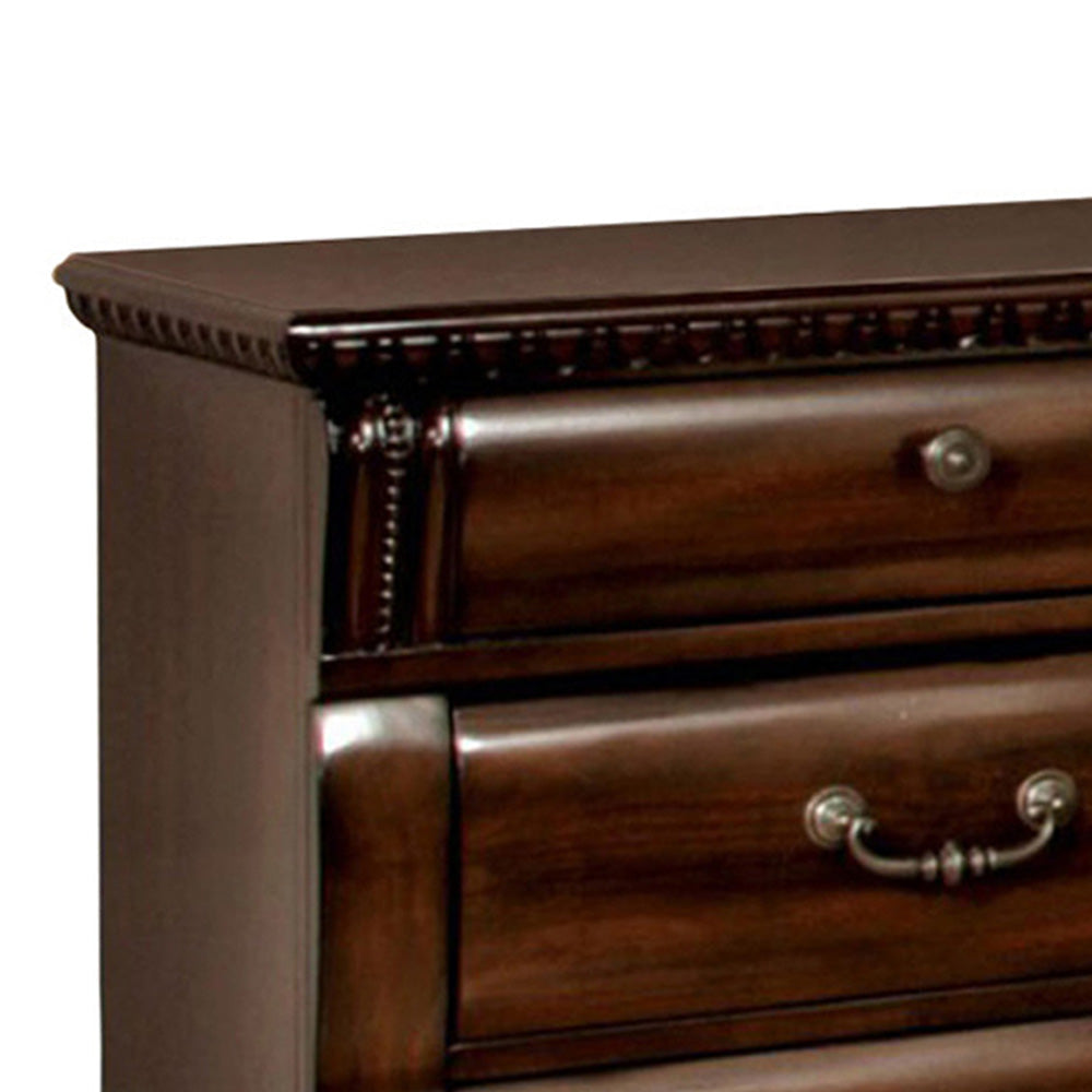 3 Drawer Wooden Nightstand with Metal Handles and Carved Details Brown BM257006