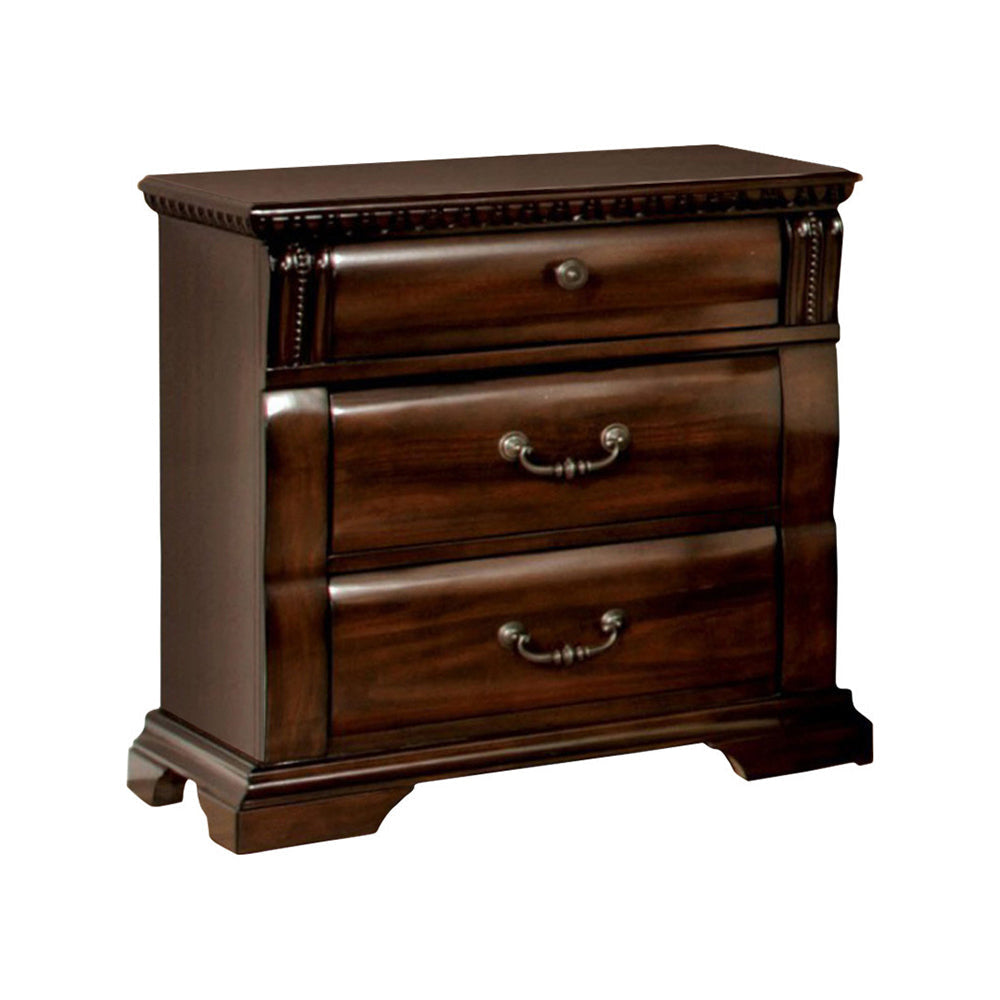 3 Drawer Wooden Nightstand with Metal Handles and Carved Details Brown BM257006