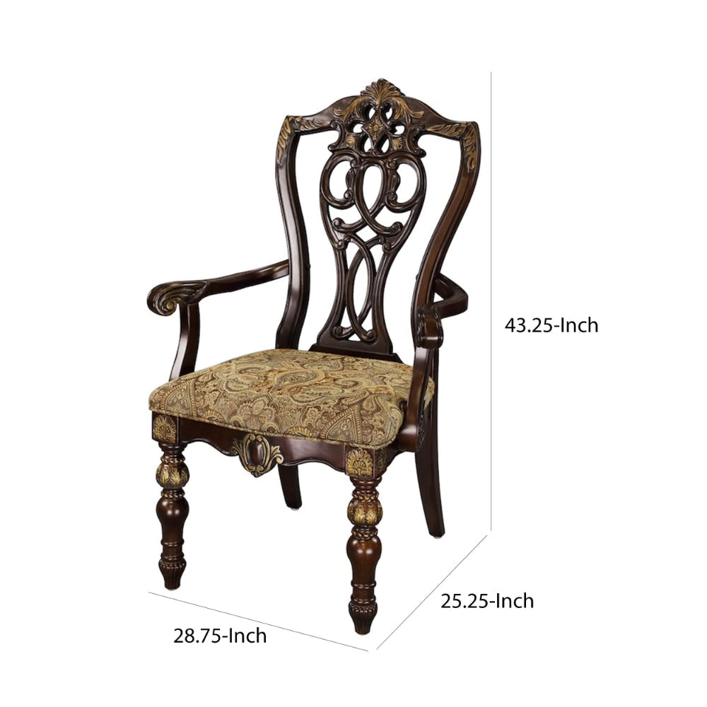 Fabric Upholstered Wooden Arm Chair With Intricate Back Set of 2 Cherry Brown HME-1824A