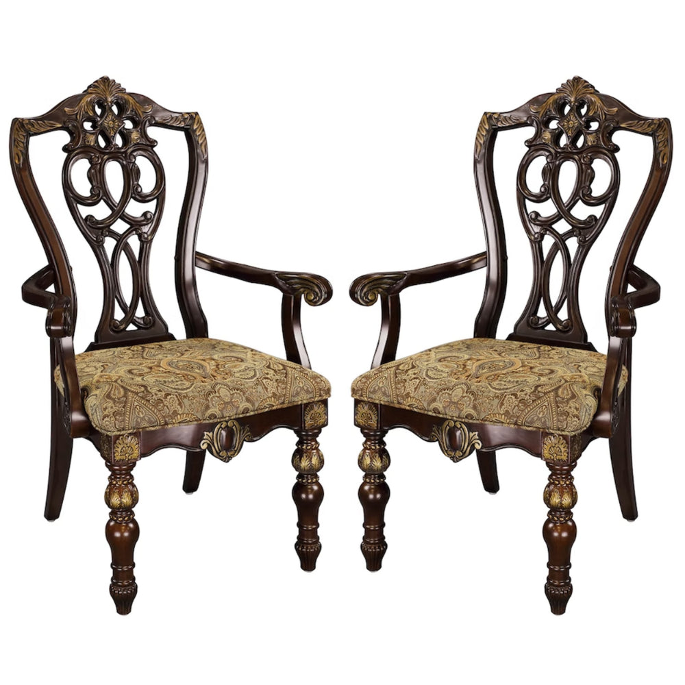 Fabric Upholstered Wooden Arm Chair With Intricate Back Set of 2 Cherry Brown HME-1824A